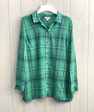 J Jill Green Plaid Button Down Shirt Medium
